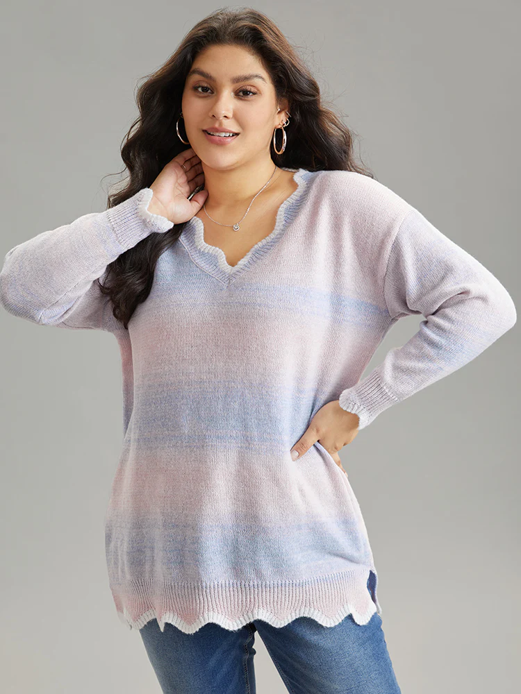 Anti-Pilling Ombre Heather Scalloped Trim Pullover - Image 3