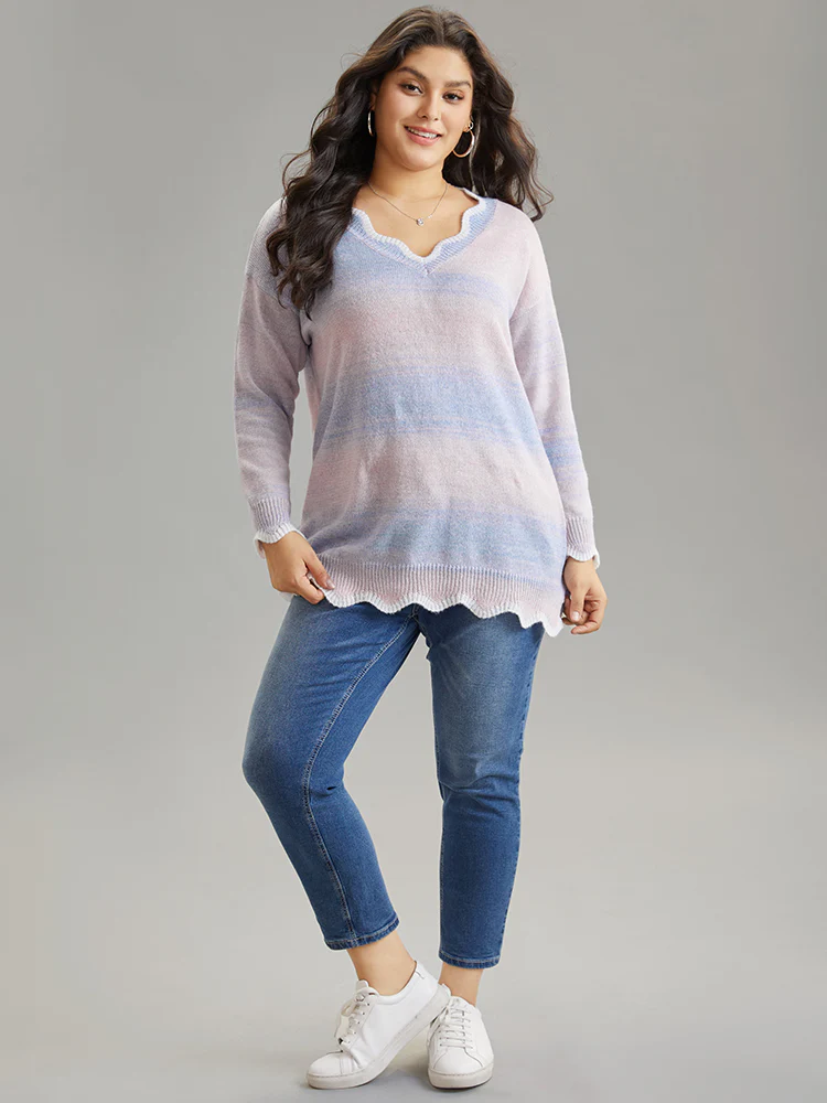 Anti-Pilling Ombre Heather Scalloped Trim Pullover - Image 4