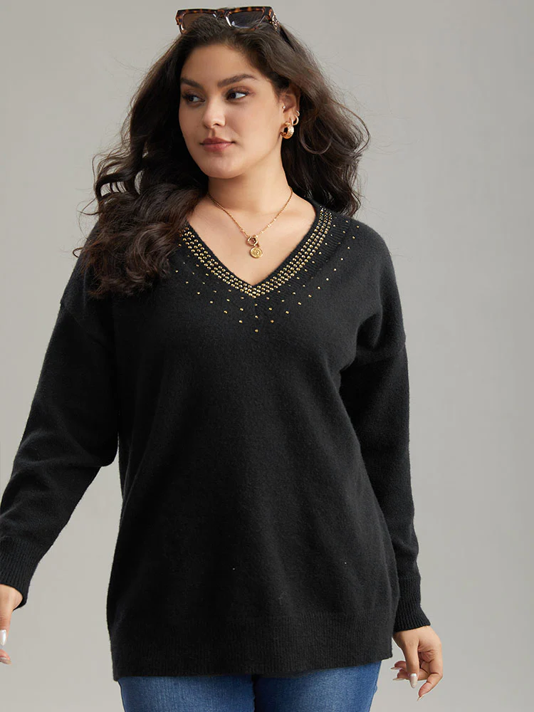 Anti-Pilling Rhinestone Drop Shoulder Pullover - Image 3