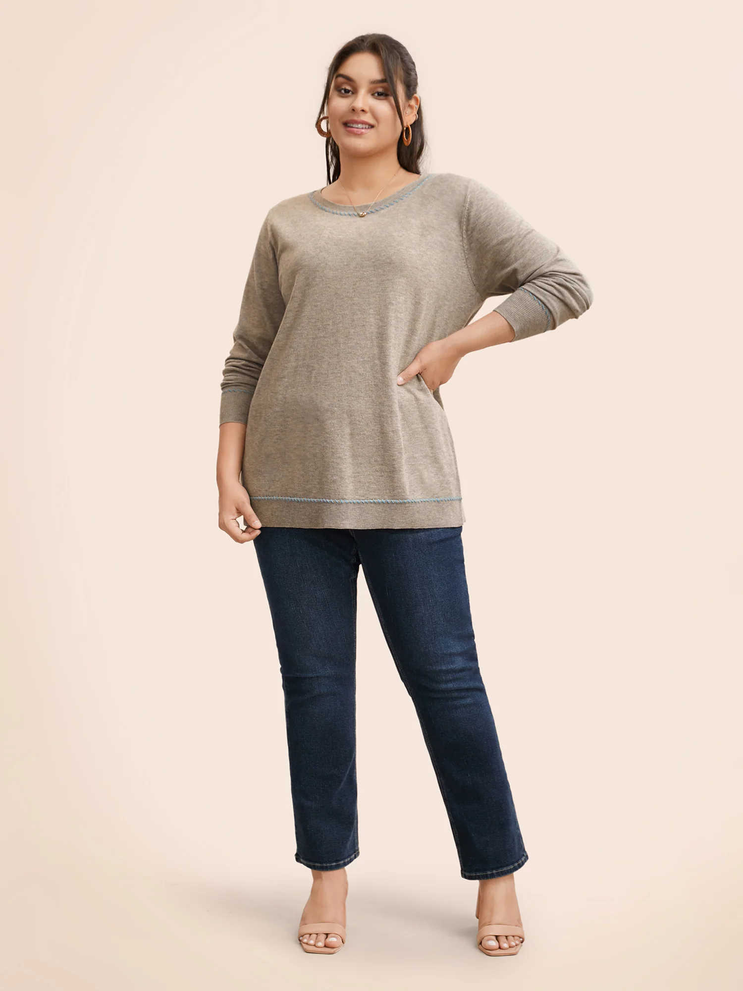 Anti-Pilling Round Neck Contrast Trim Pullover - Image 3