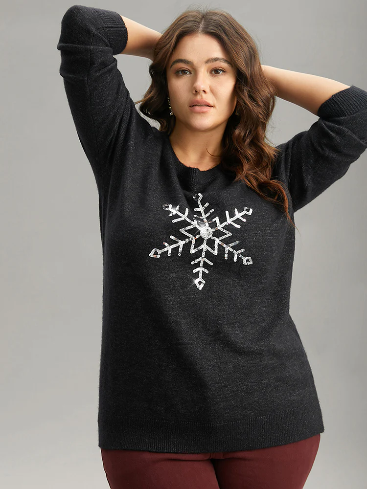 Anti-Pilling Sequin Snowflake Round Neck Pullover - Image 4