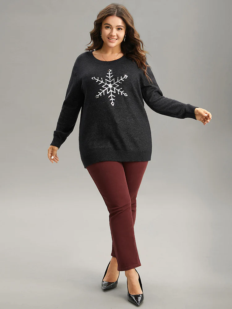 Anti-Pilling Sequin Snowflake Round Neck Pullover - Image 5
