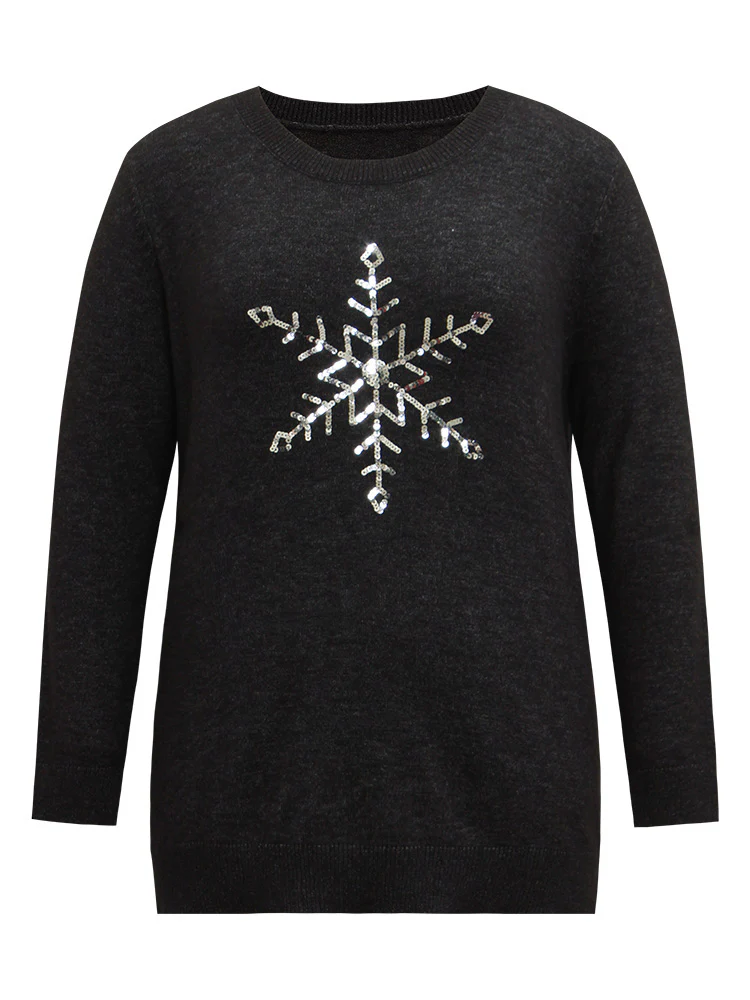 Anti-Pilling Sequin Snowflake Round Neck Pullover - Image 6