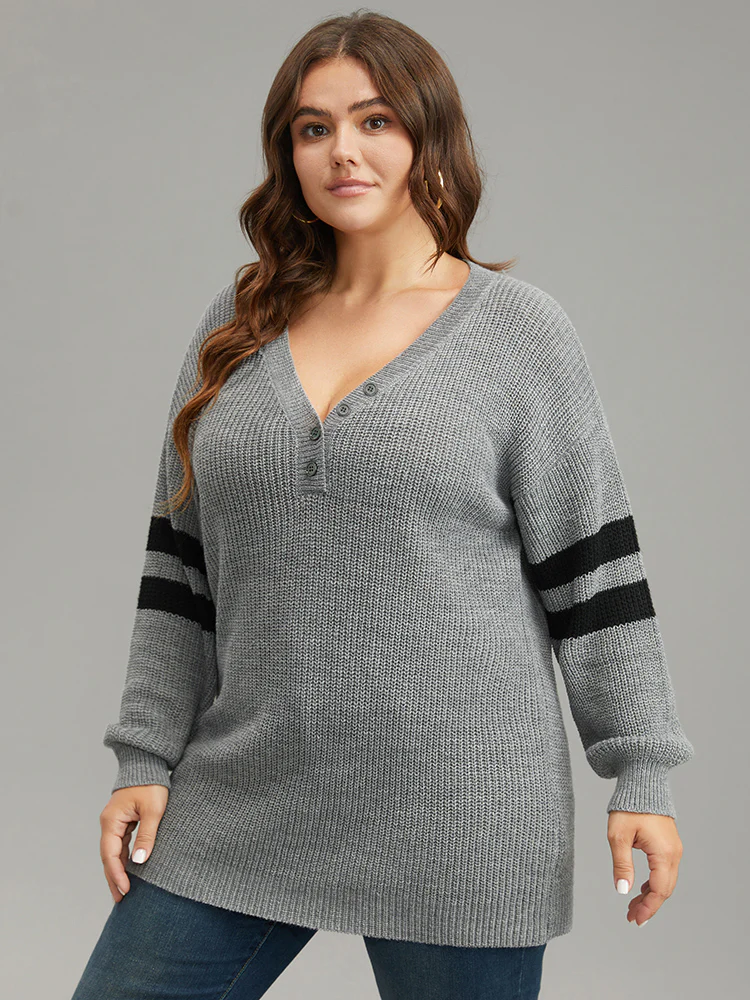 Anti-Pilling Striped Button Detail Pullover - Image 2