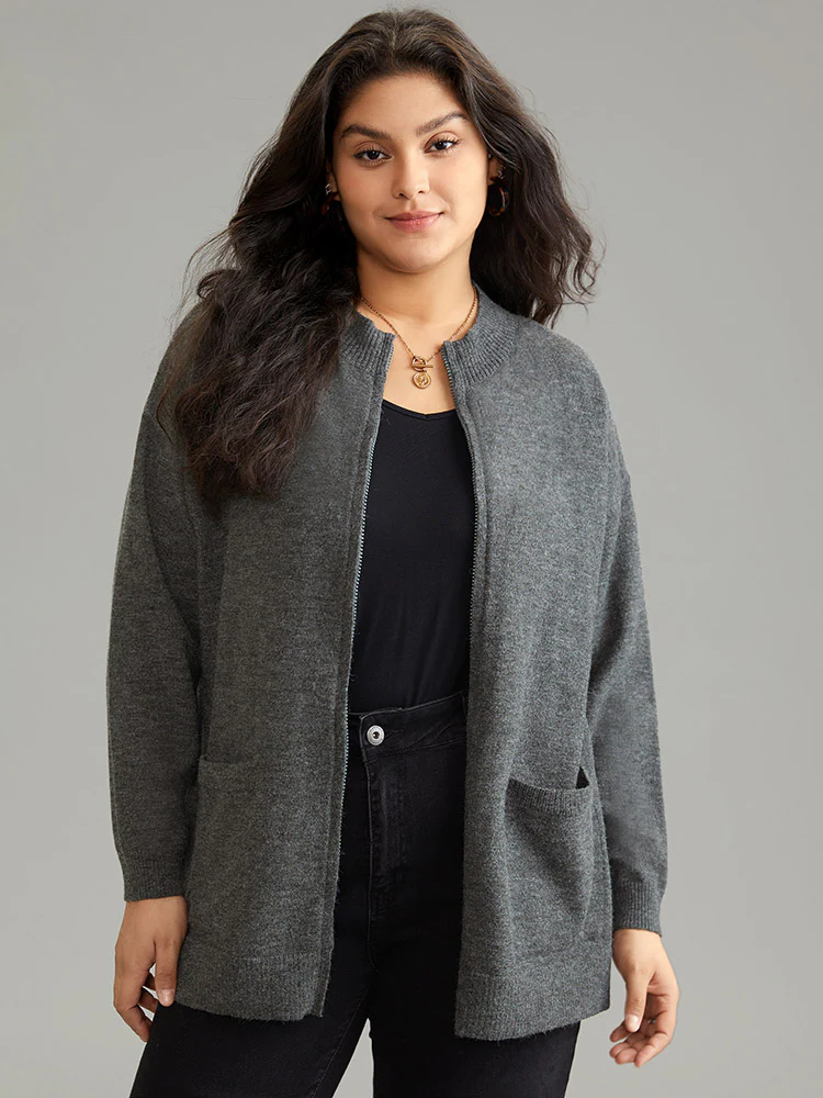 Anti-Pilling Zipper Fly Patched Pocket Cardigan - Image 3
