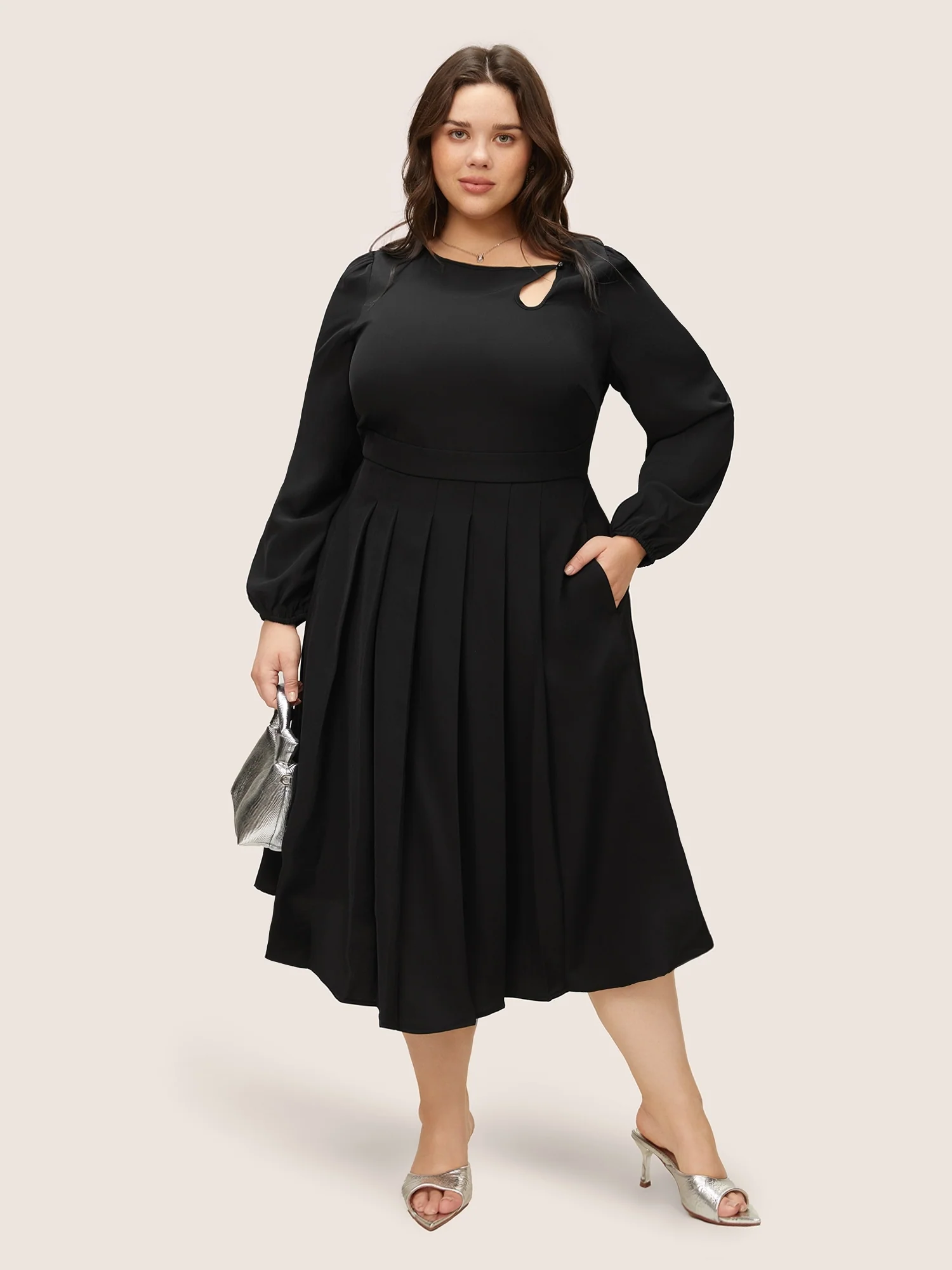 Anti-Wrinkle Asymmetrical Neck Keyhole Pleated Hem Dress - Image 2