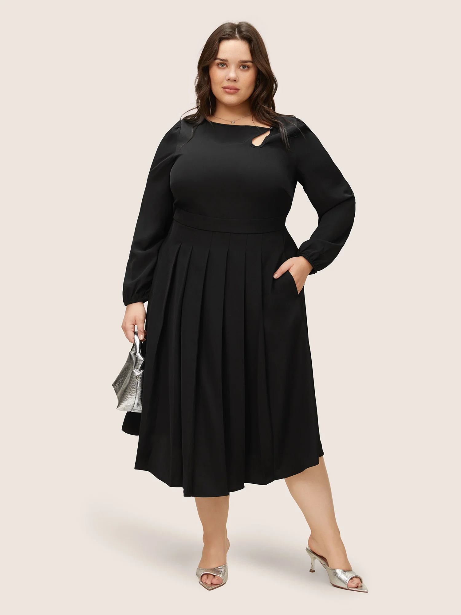 Anti-Wrinkle Asymmetrical Neck Keyhole Pleated Hem Dress - Image 3