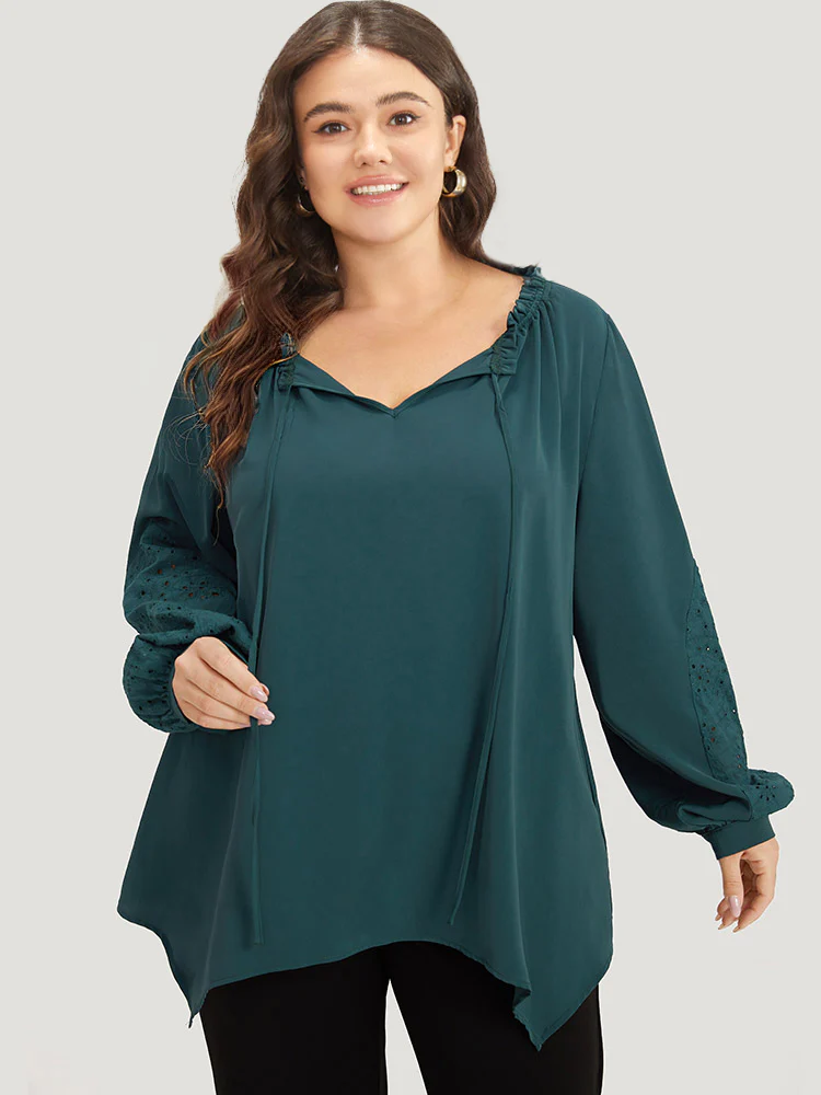 Anti-Wrinkle Broderie Anglaise Knot Neck Frill Trim Lantern Sleeve Blouse - Image 2