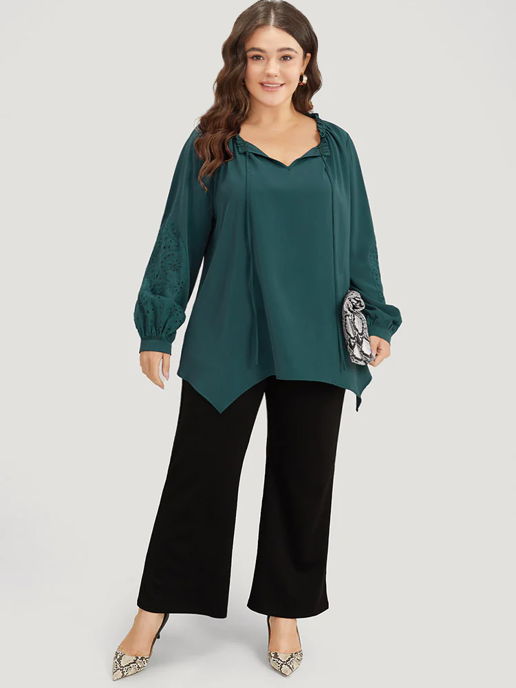 Anti-Wrinkle Broderie Anglaise Knot Neck Frill Trim Lantern Sleeve Blouse - Image 3