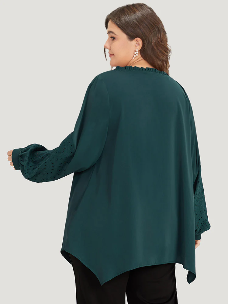 Anti-Wrinkle Broderie Anglaise Knot Neck Frill Trim Lantern Sleeve Blouse - Image 4