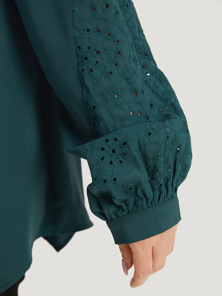 Anti-Wrinkle Broderie Anglaise Knot Neck Frill Trim Lantern Sleeve Blouse - Image 6