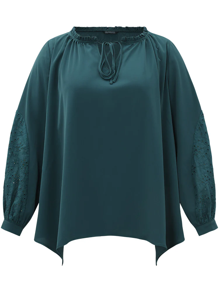 Anti-Wrinkle Broderie Anglaise Knot Neck Frill Trim Lantern Sleeve Blouse - Image 8