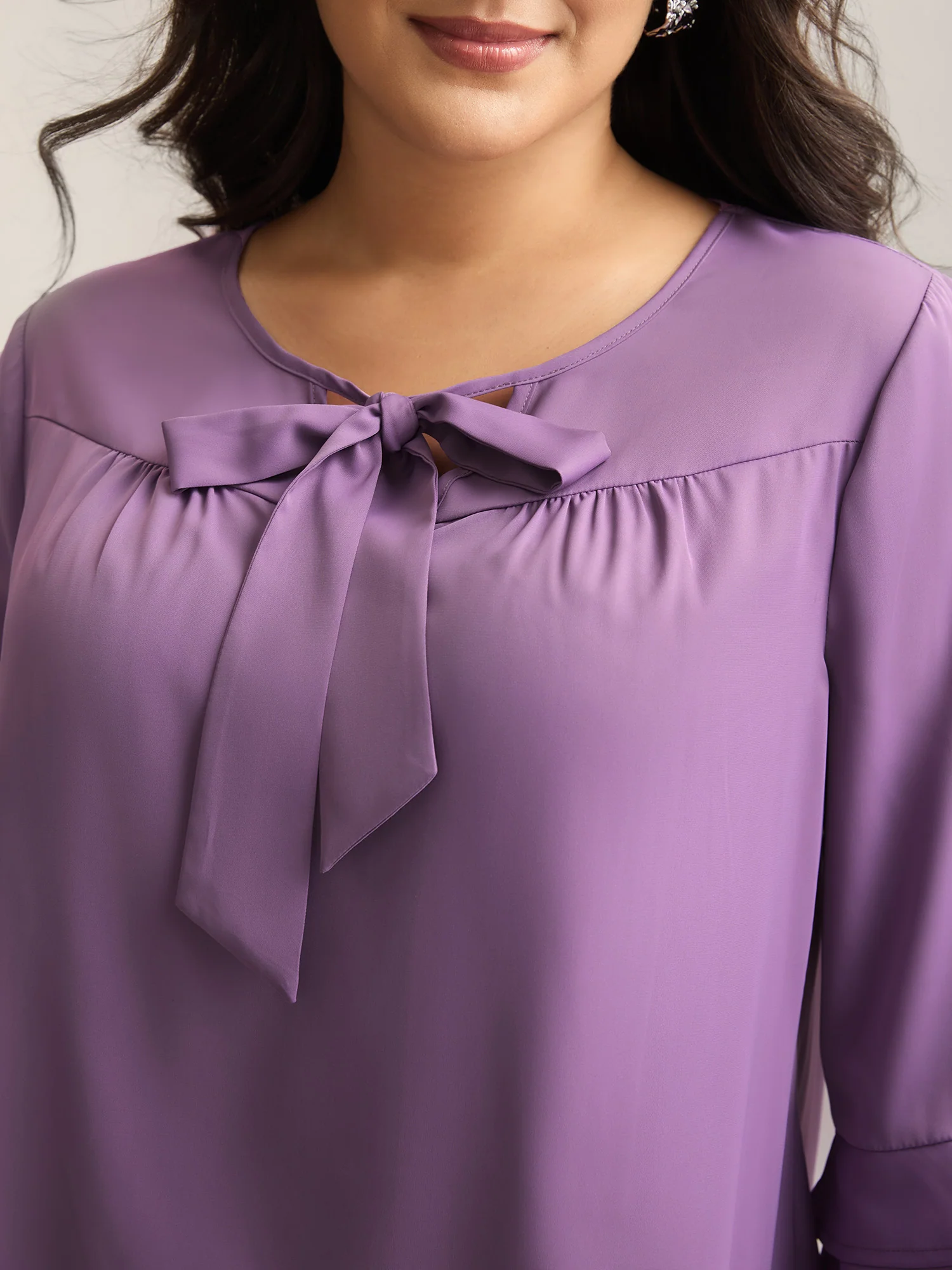 Solid Ribbon Tied Collar Bell Sleeve Blouse - Image 2