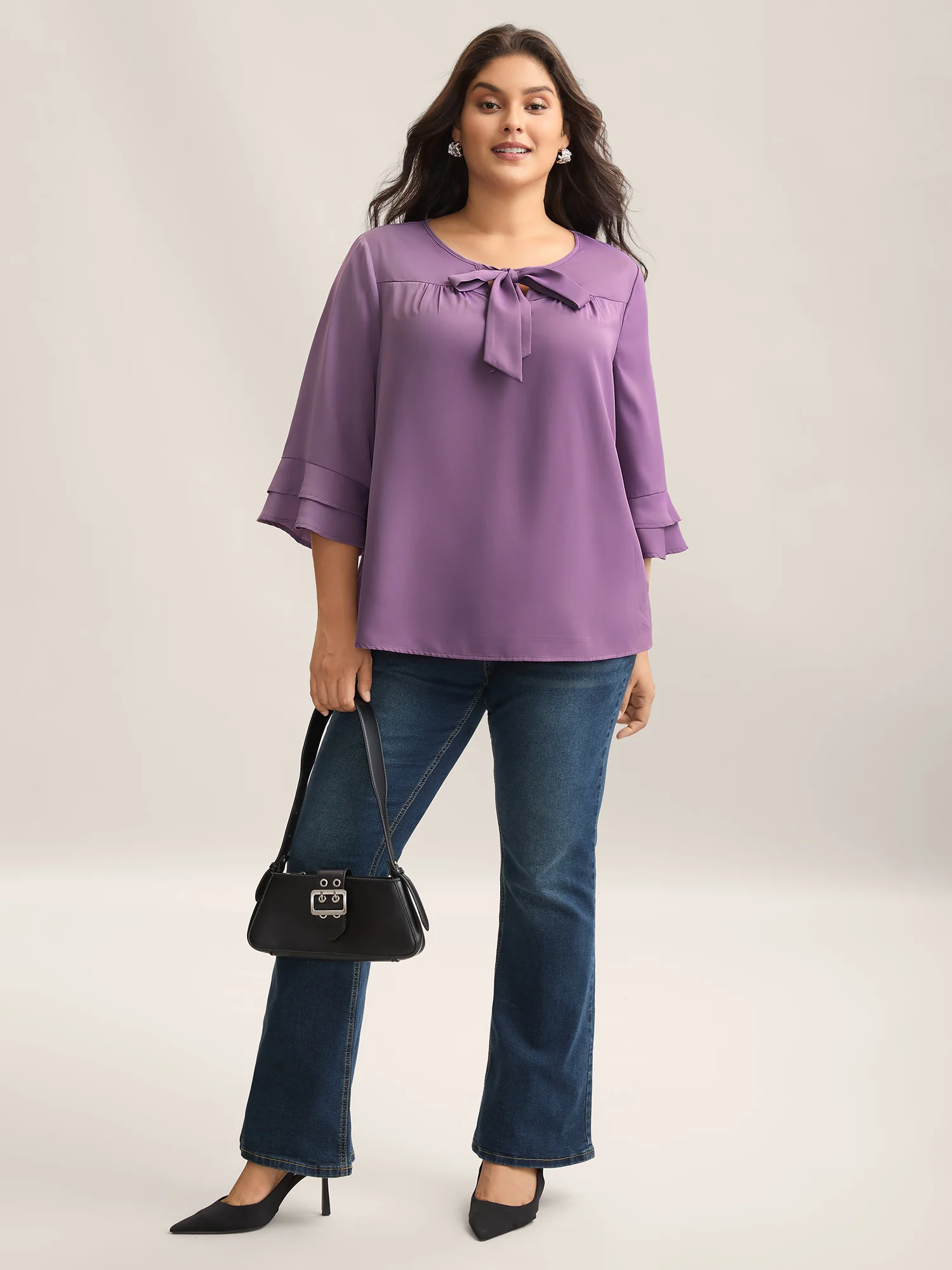 Solid Ribbon Tied Collar Bell Sleeve Blouse - Image 3