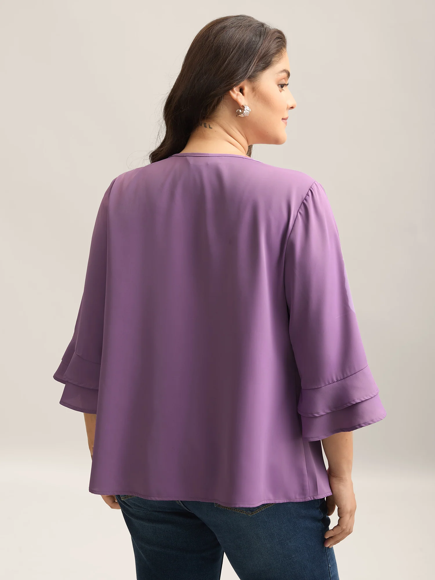 Solid Ribbon Tied Collar Bell Sleeve Blouse - Image 4