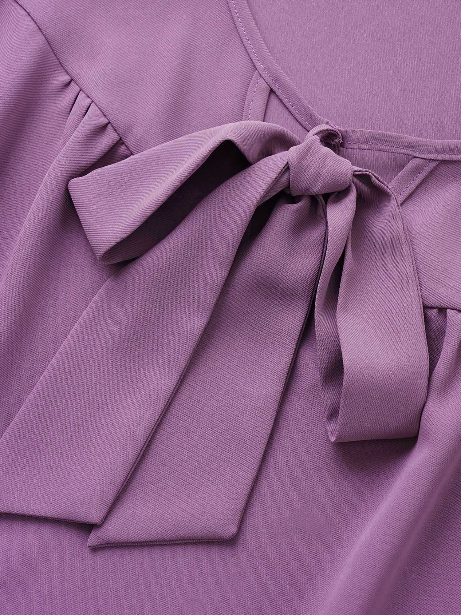 Solid Ribbon Tied Collar Bell Sleeve Blouse - Image 5
