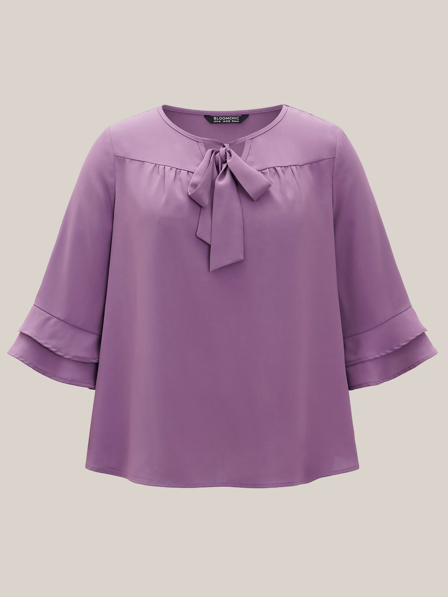 Solid Ribbon Tied Collar Bell Sleeve Blouse - Image 7