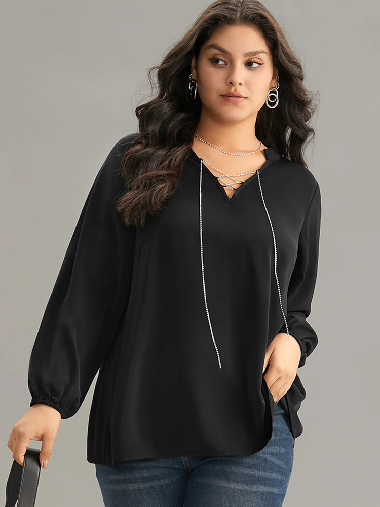 Anti-Wrinkle Lace Up Chain Detail Lantern Sleeve Blouse - Image 3