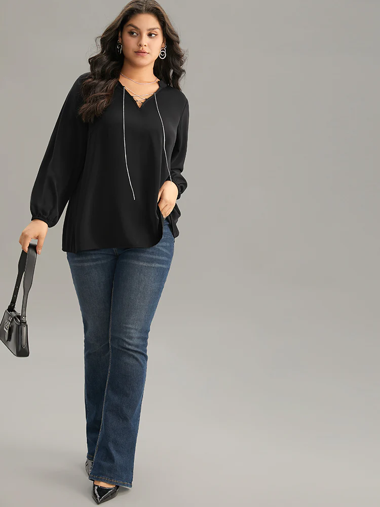 Anti-Wrinkle Lace Up Chain Detail Lantern Sleeve Blouse - Image 4