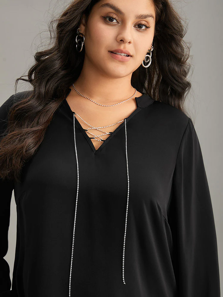 Anti-Wrinkle Lace Up Chain Detail Lantern Sleeve Blouse - Image 5