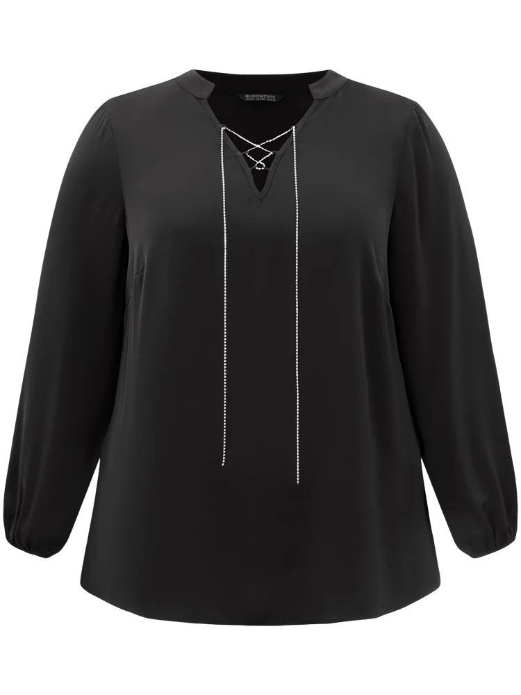Anti-Wrinkle Lace Up Chain Detail Lantern Sleeve Blouse - Image 6
