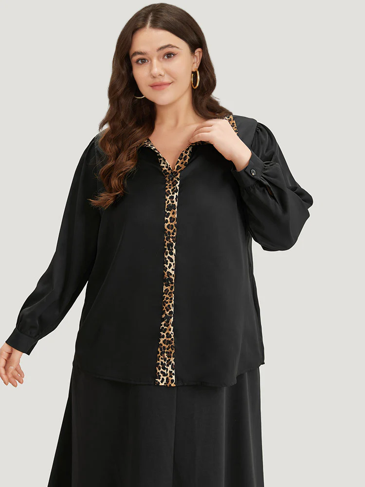 Leopard Print Patchwork Shirt Collar Woven Top - Image 3