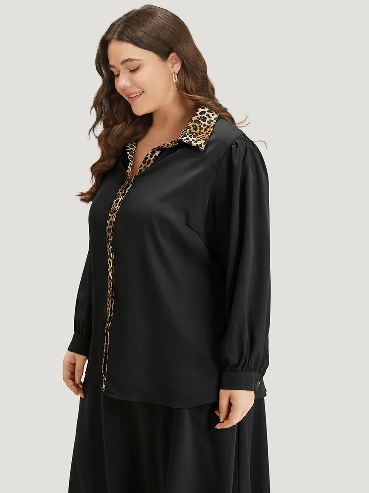 Leopard Print Patchwork Shirt Collar Woven Top - Image 4