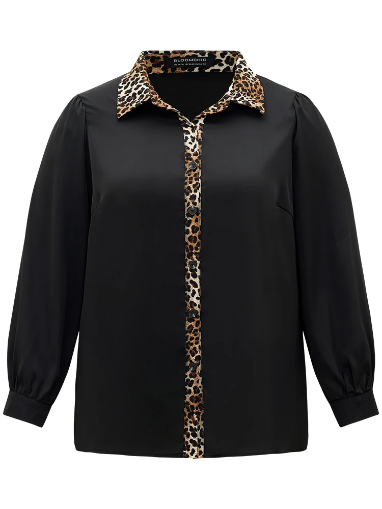 Leopard Print Patchwork Shirt Collar Woven Top - Image 8