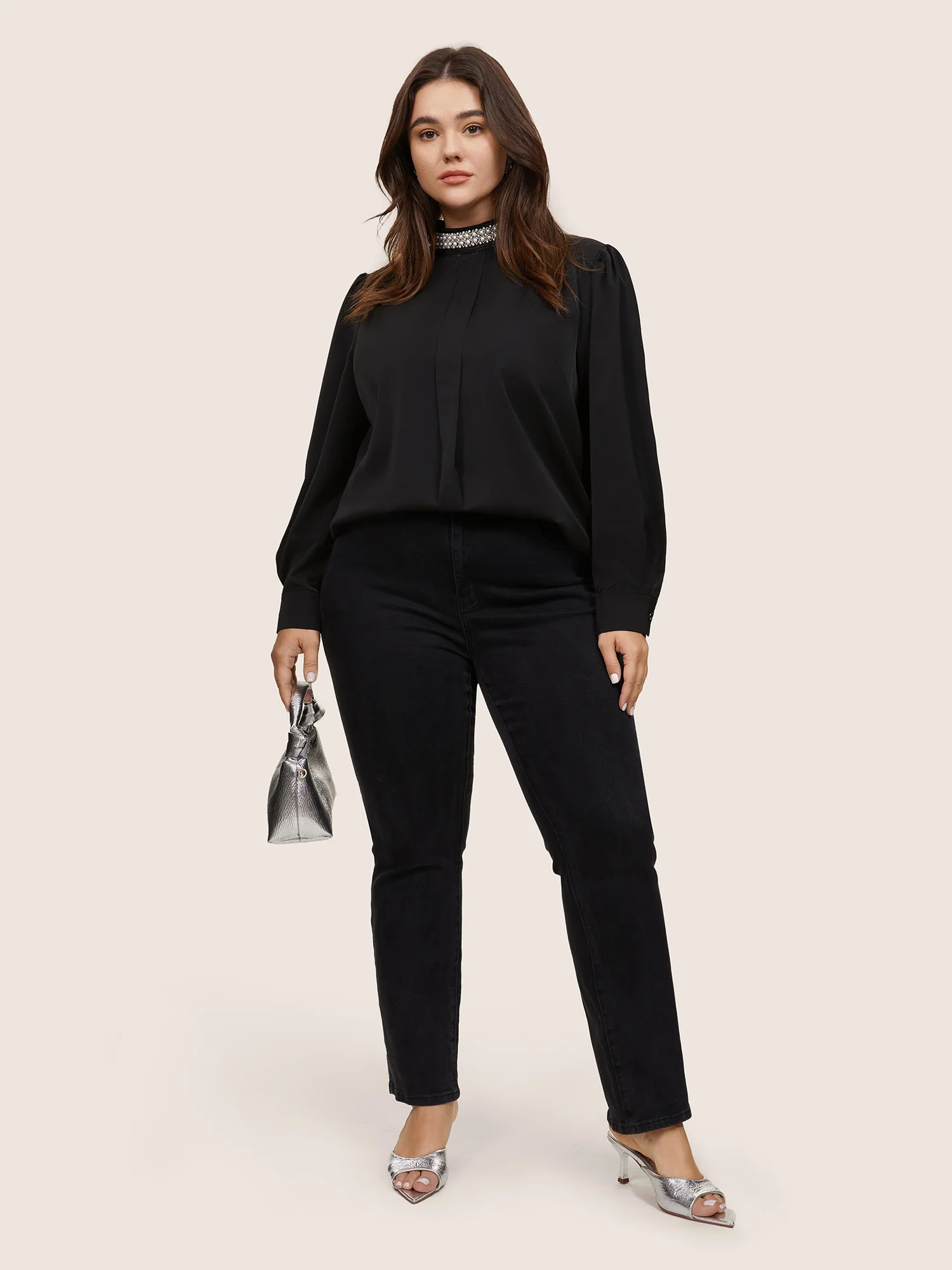 Anti-Wrinkle Pearl Beaded Contrast Webbing Blouse - Image 2