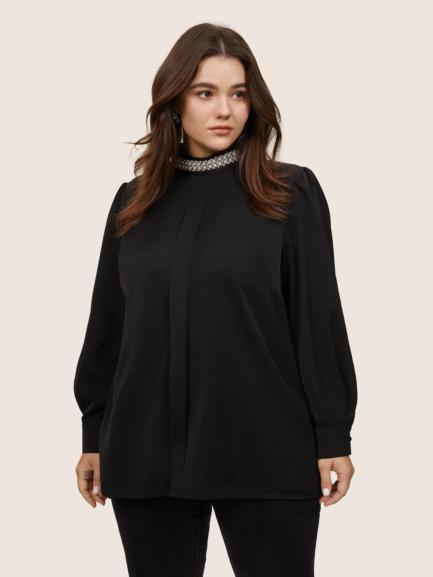 Anti-Wrinkle Pearl Beaded Contrast Webbing Blouse - Image 4