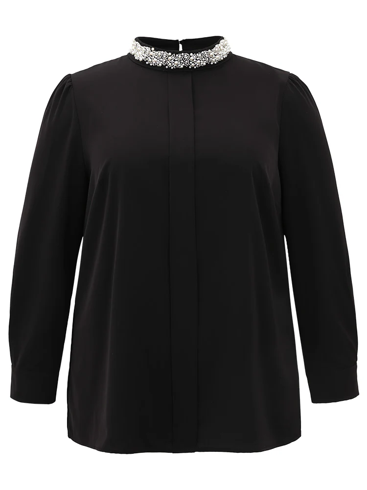 Anti-Wrinkle Pearl Beaded Contrast Webbing Blouse - Image 6
