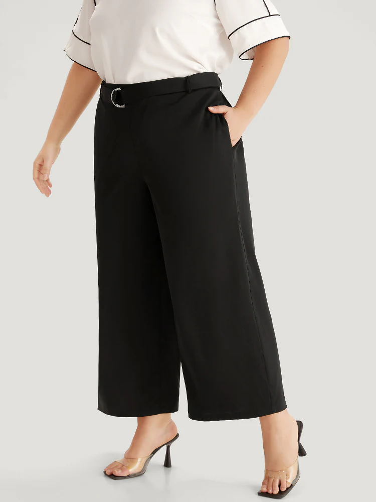 Plain Belted Buckle Detail Woven Pants - Image 3