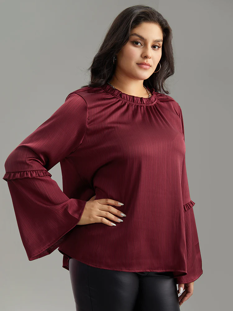 Plain Frill Trim Bell Sleeve Blouse - Image 3