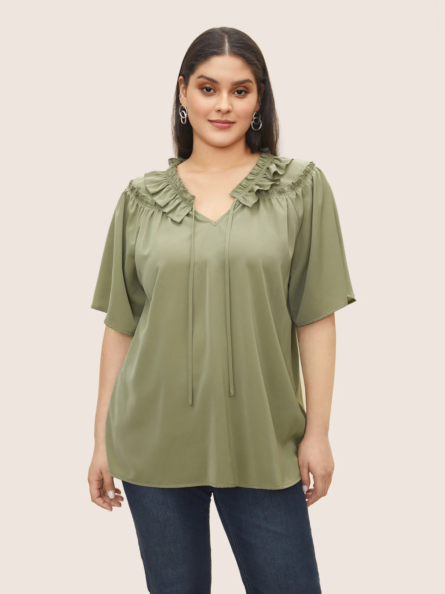 Plain Frill Trim Gathered Ruffle Sleeve Blouse - Image 2