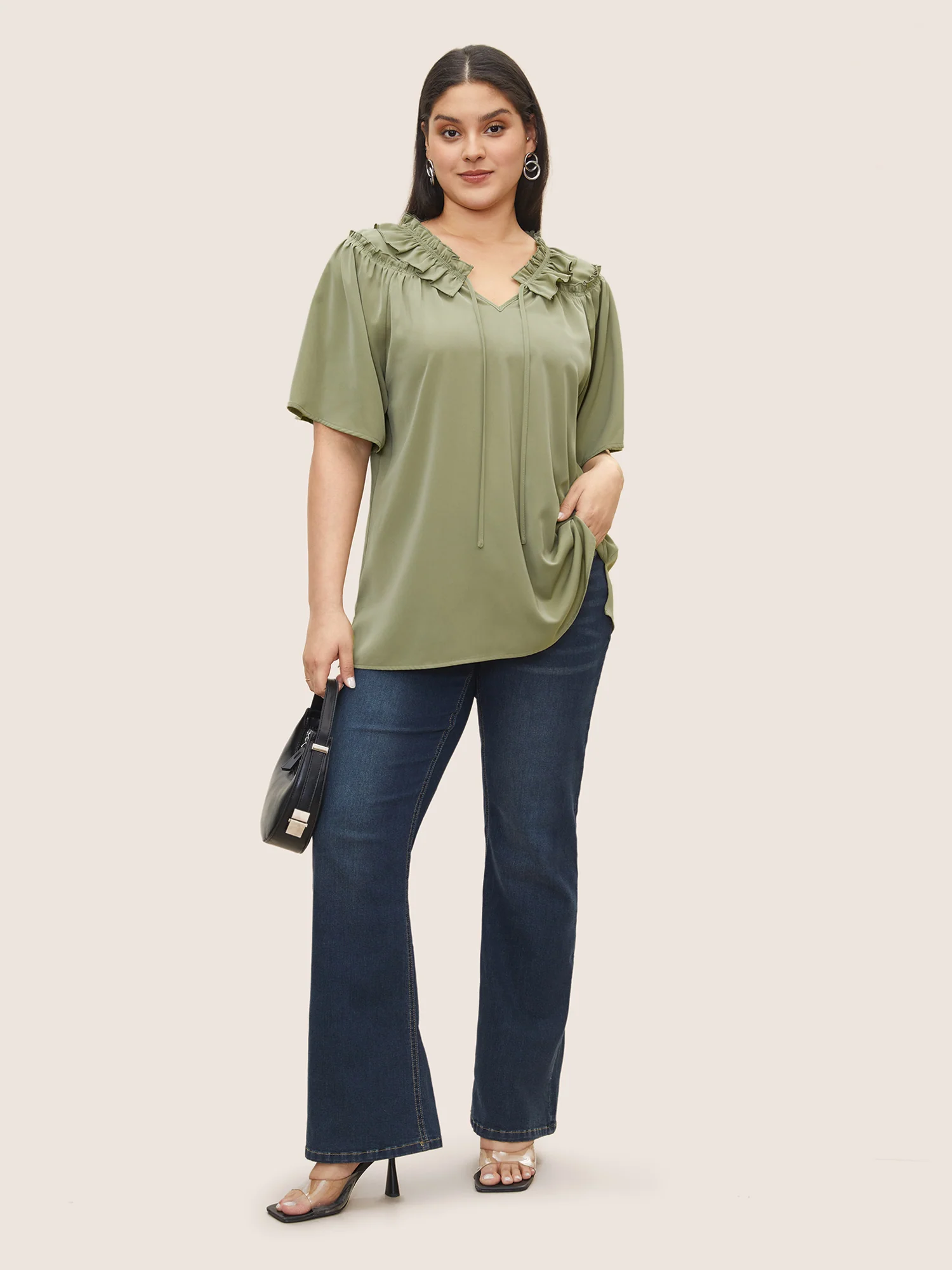 Plain Frill Trim Gathered Ruffle Sleeve Blouse - Image 3