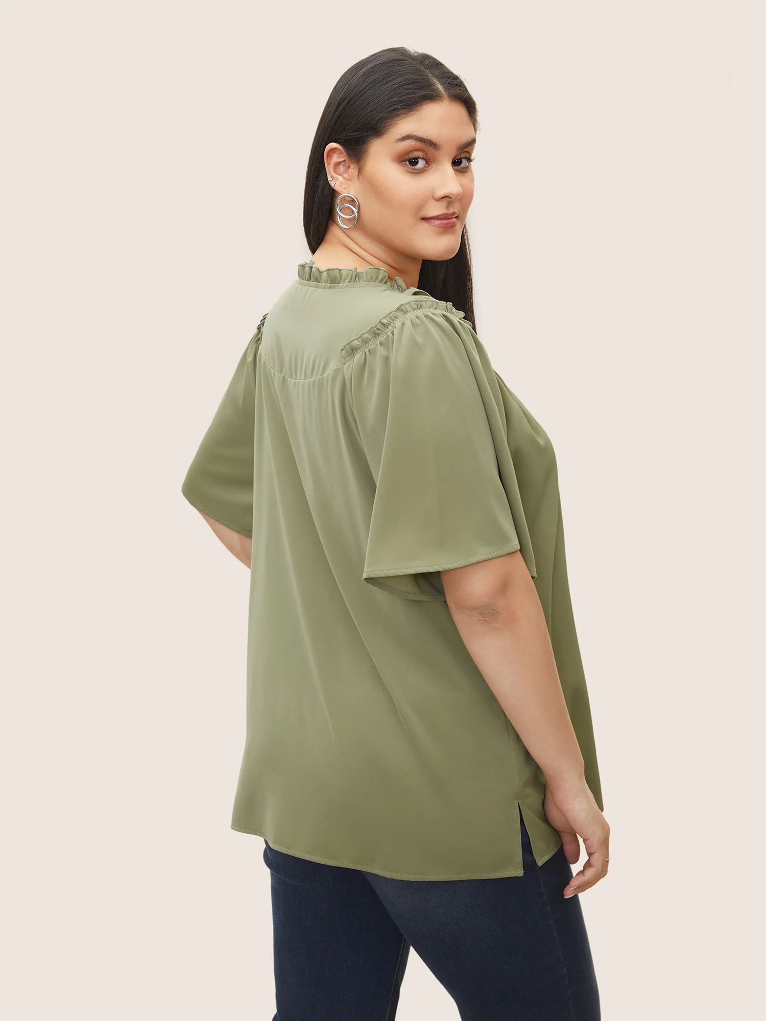 Plain Frill Trim Gathered Ruffle Sleeve Blouse - Image 4