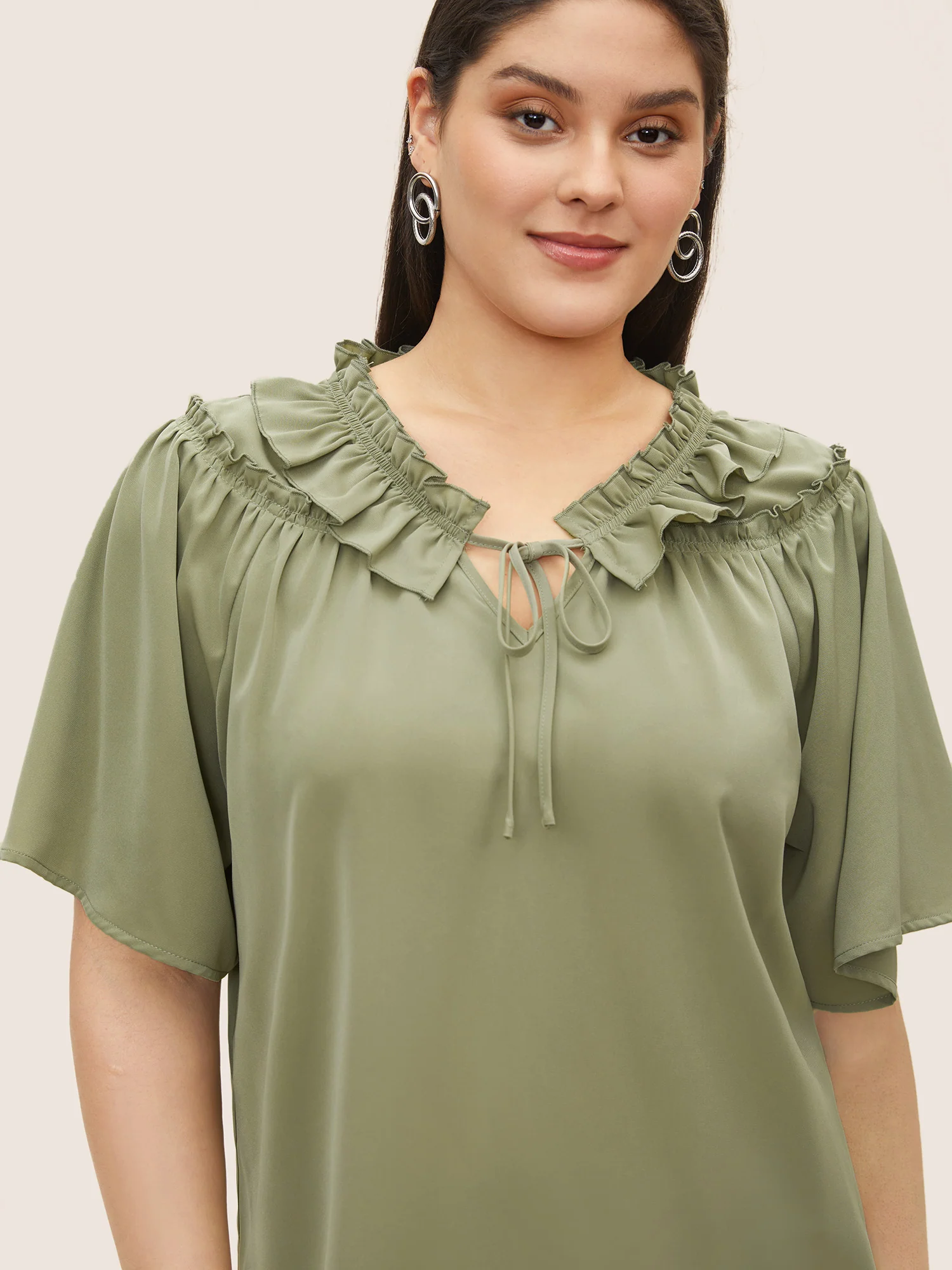 Plain Frill Trim Gathered Ruffle Sleeve Blouse - Image 5