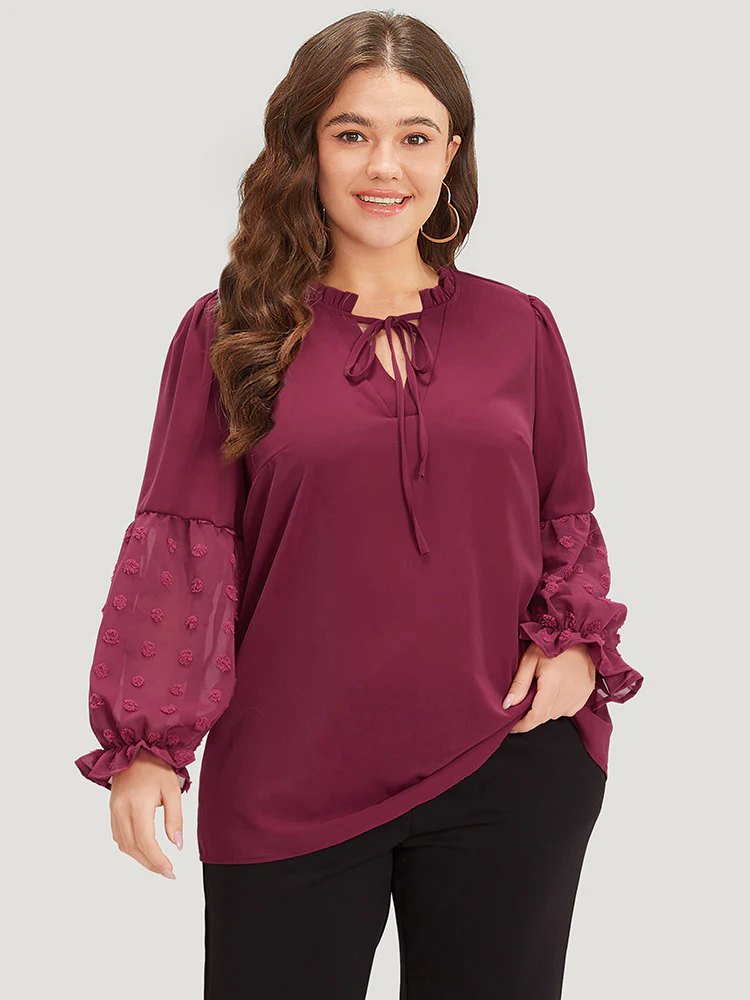 Anti-Wrinkle Plain Knot Neck Frill Trim Lantern Sleeve Blouse - Image 2