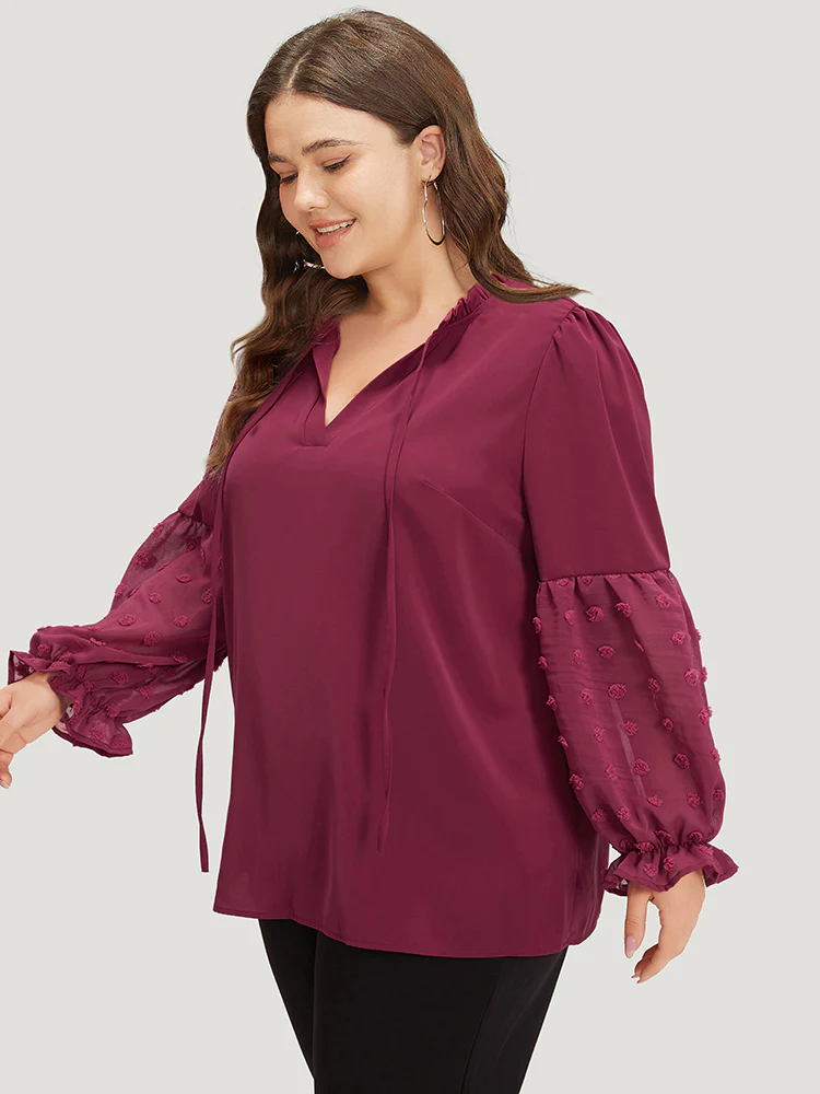 Anti-Wrinkle Plain Knot Neck Frill Trim Lantern Sleeve Blouse - Image 3