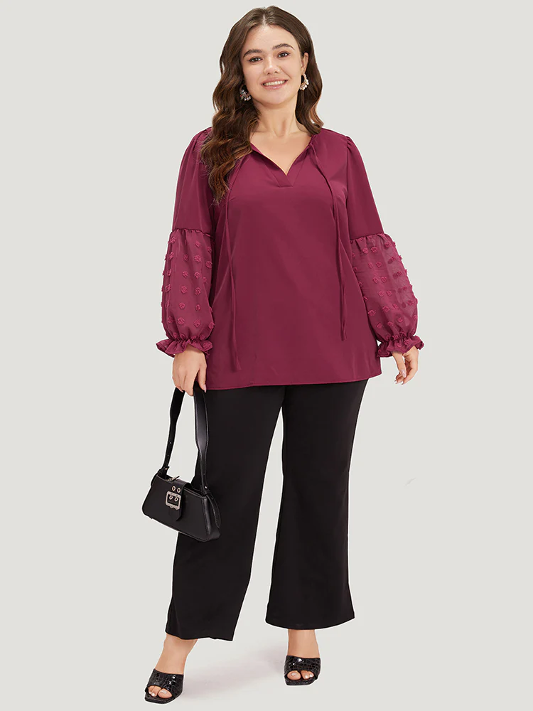 Anti-Wrinkle Plain Knot Neck Frill Trim Lantern Sleeve Blouse - Image 4