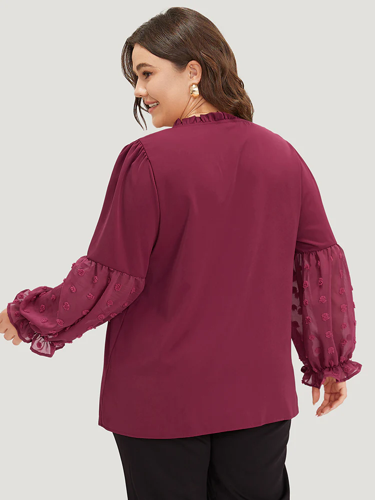 Anti-Wrinkle Plain Knot Neck Frill Trim Lantern Sleeve Blouse - Image 5