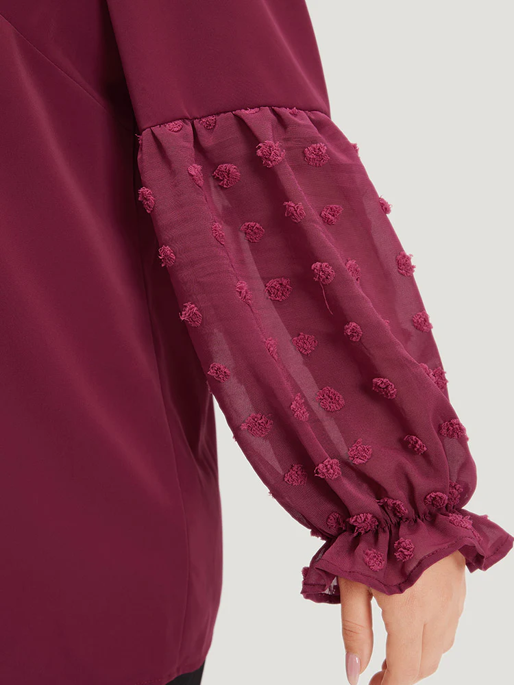Anti-Wrinkle Plain Knot Neck Frill Trim Lantern Sleeve Blouse - Image 8