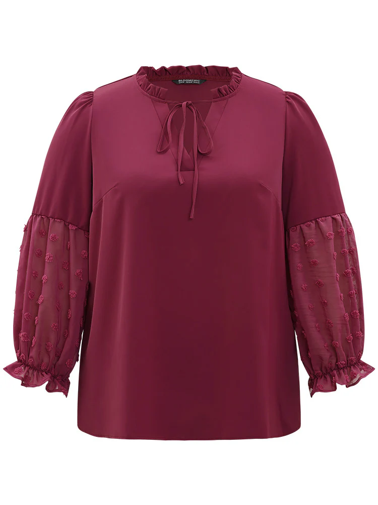 Anti-Wrinkle Plain Knot Neck Frill Trim Lantern Sleeve Blouse - Image 9