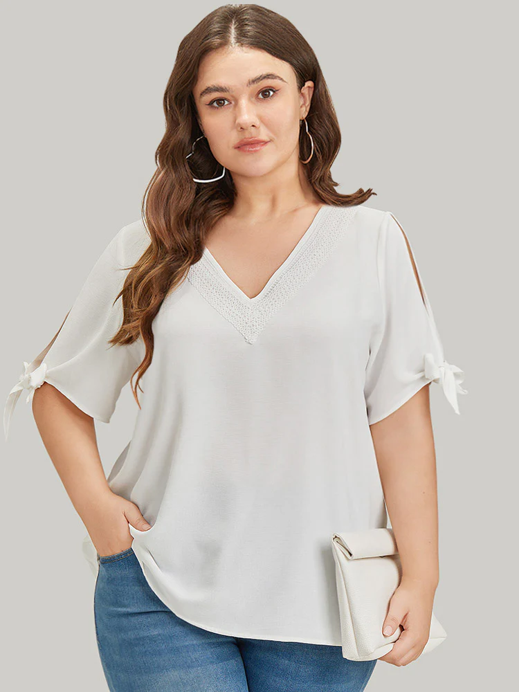 Anti-Wrinkle Plain Lace Cut Out Knot Sleeve Blouse - Image 2