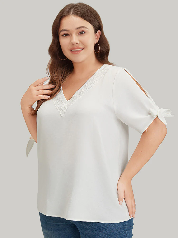 Anti-Wrinkle Plain Lace Cut Out Knot Sleeve Blouse - Image 3