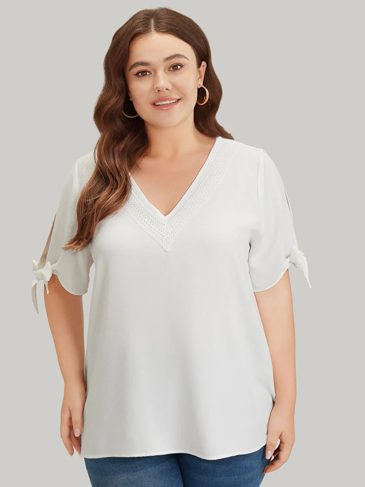 Anti-Wrinkle Plain Lace Cut Out Knot Sleeve Blouse - Image 4