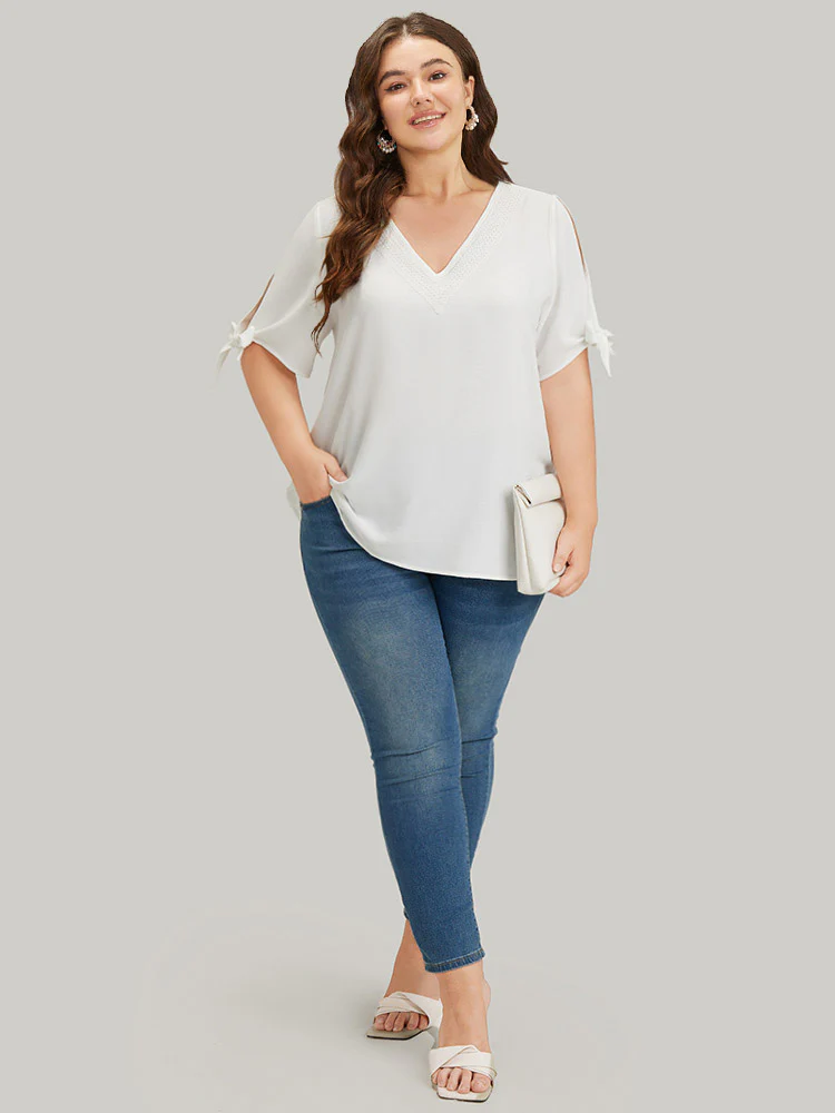 Anti-Wrinkle Plain Lace Cut Out Knot Sleeve Blouse - Image 5
