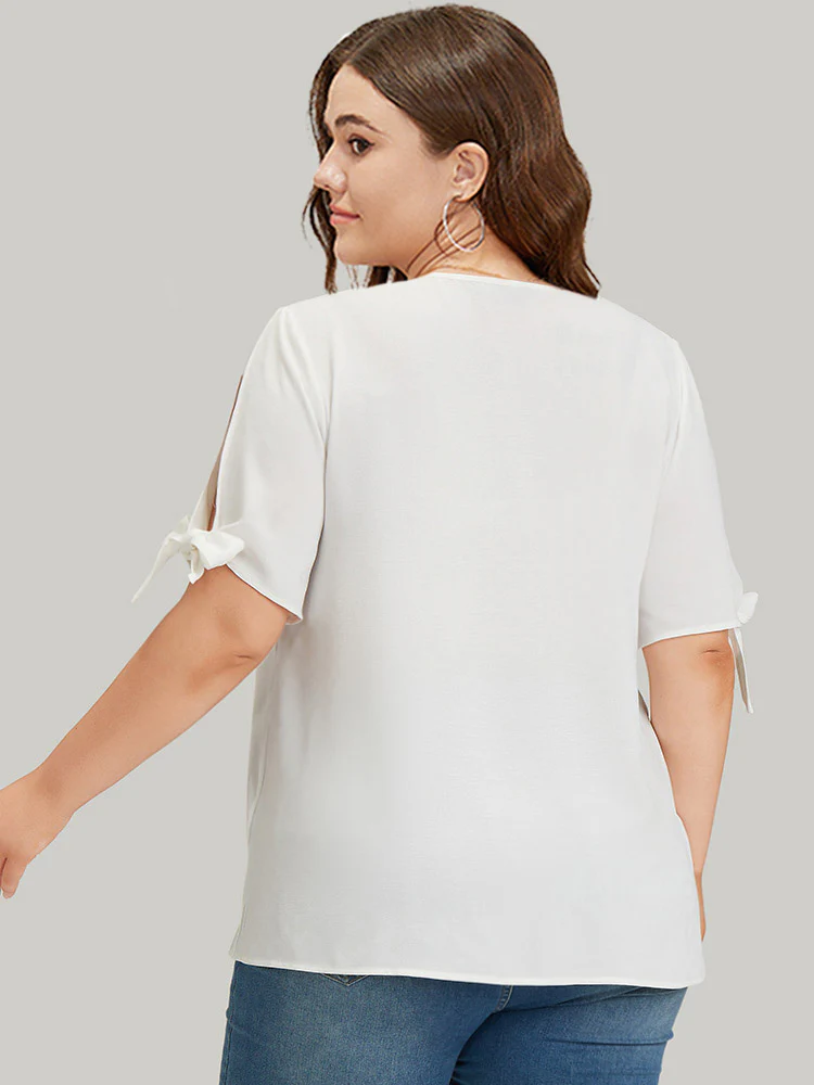 Anti-Wrinkle Plain Lace Cut Out Knot Sleeve Blouse - Image 6