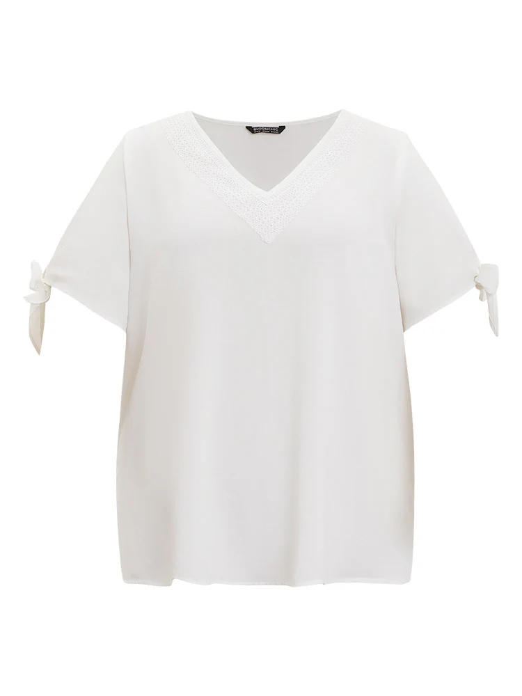Anti-Wrinkle Plain Lace Cut Out Knot Sleeve Blouse - Image 9