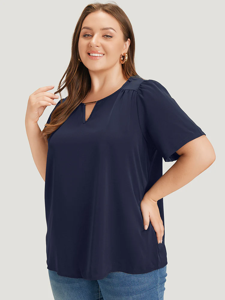 Anti-Wrinkle Plain Metal Detail Keyhole Neck  Blouse - Image 2